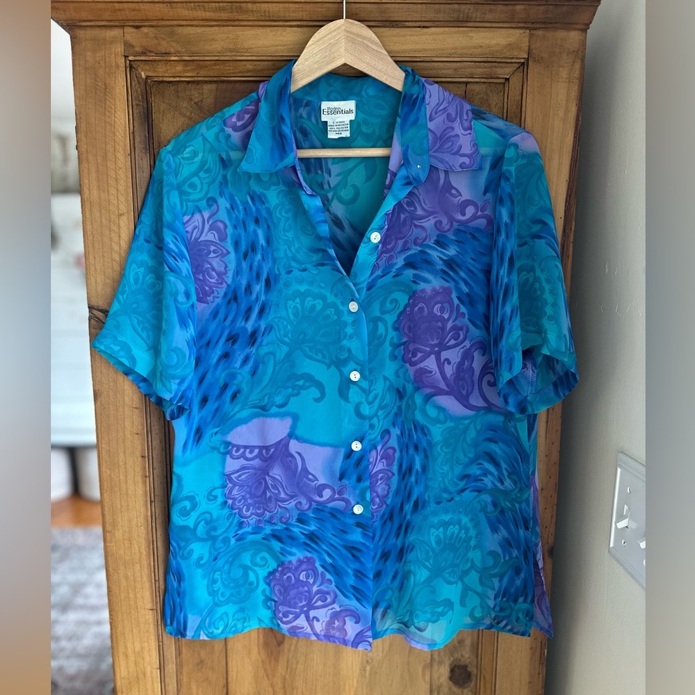 Vintage Modern Essentials Silk-Like Teal & Purple Sheer Button-Up Blouse Medium